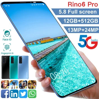Rino6 Pro 5.8 HD Nutitelefonid Android10 Nägu wake Mälu 12GB +512 GB 13MP Kaamera+24MP 4800mAh Dual SIM Kaardi 4G 5G Globaalne Versioon