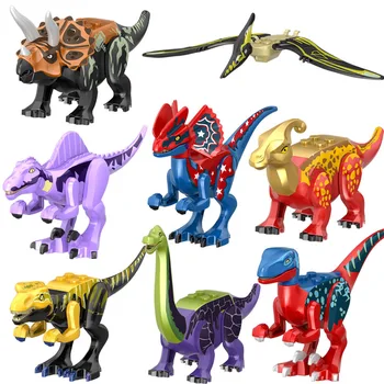 6/8PCS kokku pandud ehitusplokid Mänguasjad Dinosaurus Maailma Triceratops Türannosaurus Lapsed Loomade Mudel Tellised Mänguasi Poistele Kingitusi